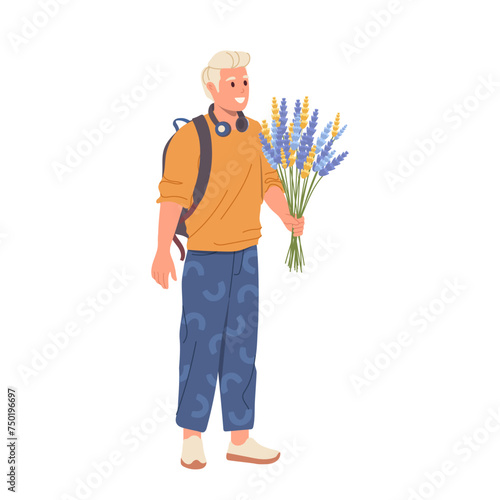 Young teenager boy cartoon character giving wildflower bouquet isolated on white background