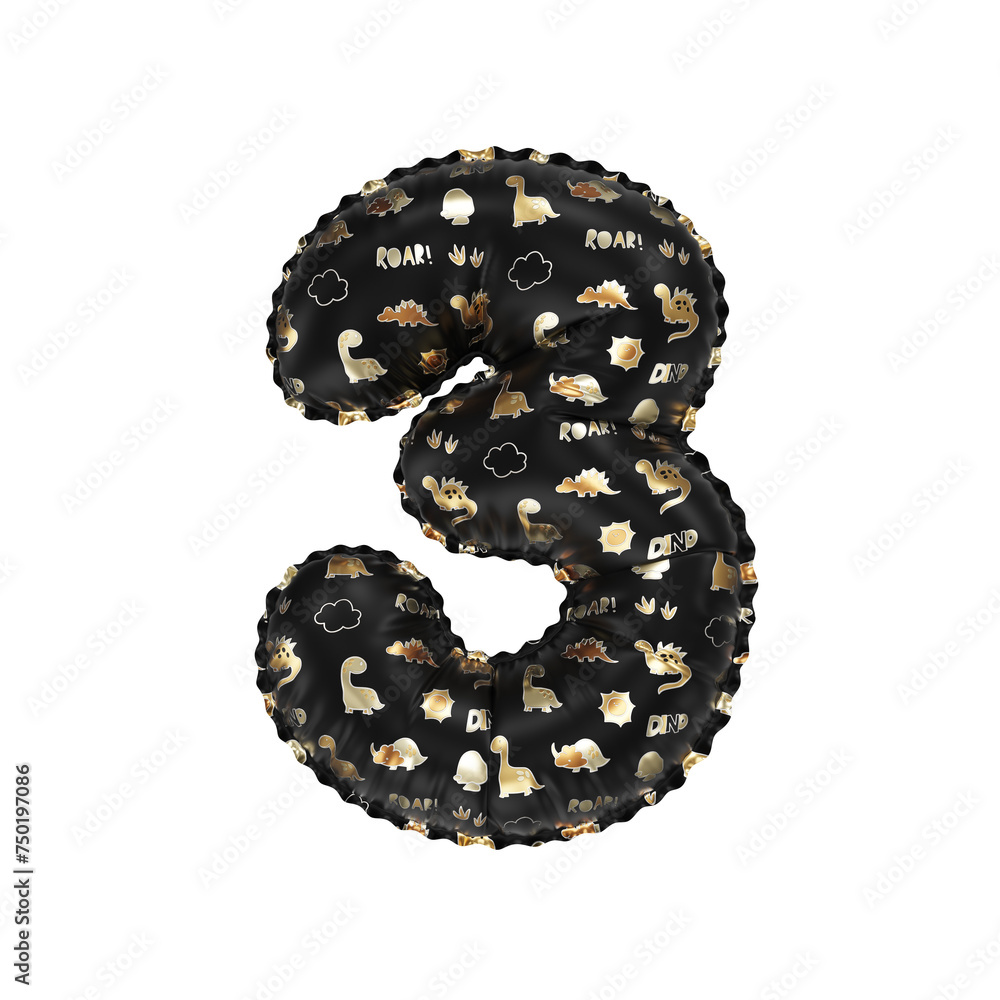 3D inflated balloon Number 3 with glossy black & gold/silver glossy textured dinosaurus design for children 3D inflated balloon Number 3 with glossy black & gold/silver glossy textured dinosaurus design for children