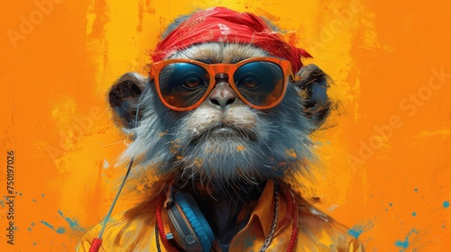  a monkey wearing headphones and sunglasses with a red bandanna around its neck and a red bandanna around its neck and a pair of headphones in front of its eyes.