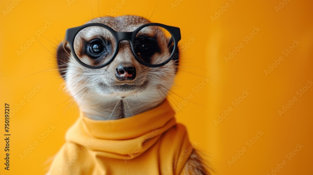  a close up of a small animal wearing a scarf and wearing a pair of black and white glasses with a yellow scarf around it's neck and a yellow background.