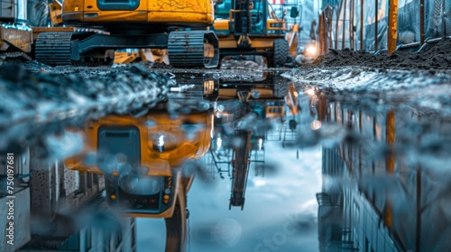 An artistic and moody shot of a construction site showing machinery with reflections in water pools during twilight. photo