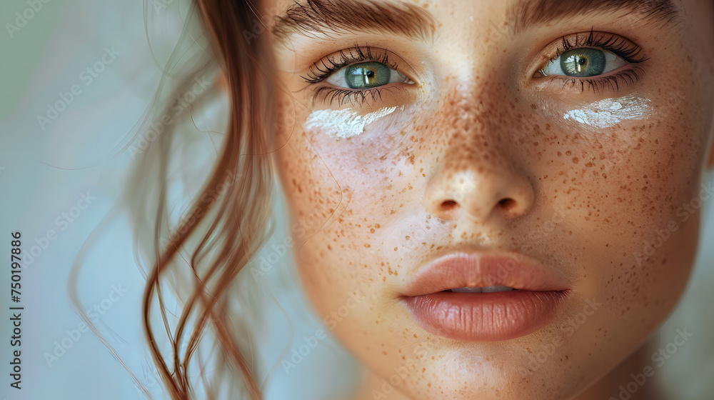Close-up shot of female skin with freckles with white cream Close-up shot of female skin with freckles with white cream