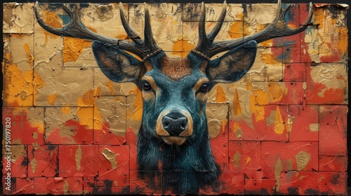 a painting of a deer with antlers on it's head is painted on a brick wall with yellow, red, and orange paint splots on it. photo