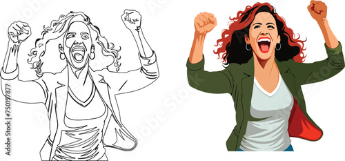 happy female figure raises fists to the sky-