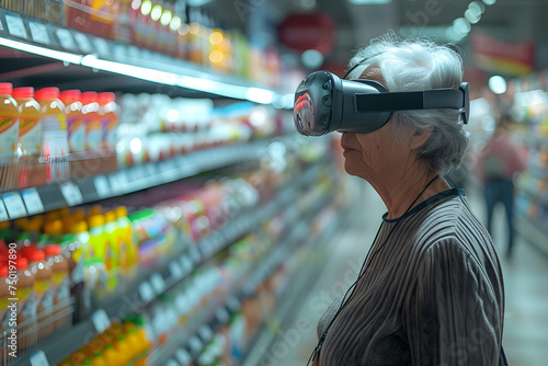 A senior woman in a supermarket wearing VR glasses. Aged people and modern technology concept