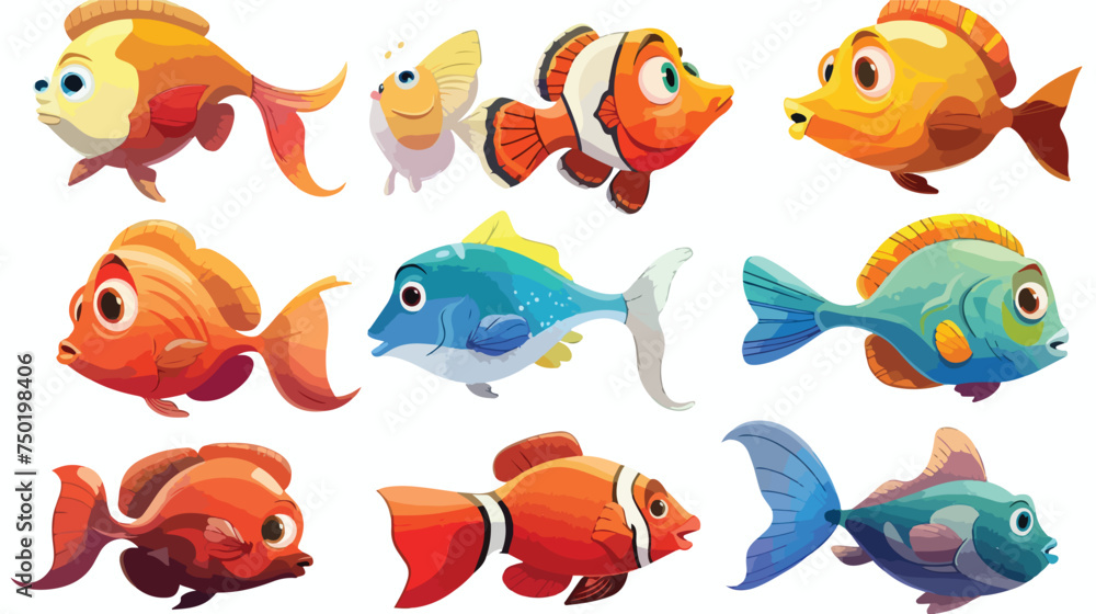 Fish different poses collection of cartoon isolated