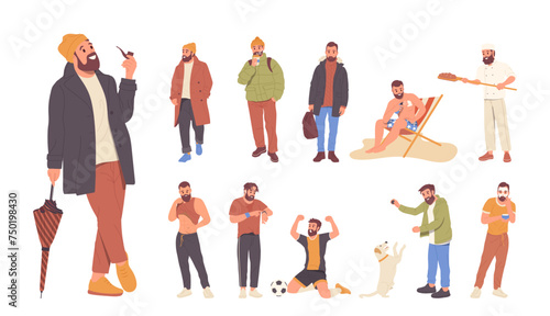 Trendy fashion handsome dark hair man cartoon character set of different occupation and activities