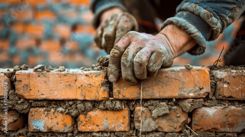 Close-up of a skilled construction worker's hands meticulously laying bricks to form a wall at a new building site.