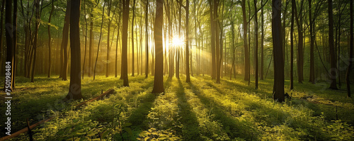 Majestic Sunrise Peeking Through the Vibrant Green Foliage of a Quiet Forest © Farnaces