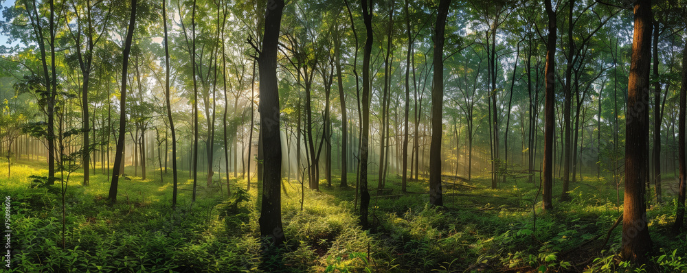 Majestic Sunrise Peeking Through the Vibrant Green Foliage of a Quiet Forest Majestic Sunrise Peeking Through the Vibrant Green Foliage of a Quiet Forest