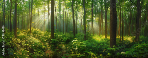 Majestic Sunrise Peeking Through the Vibrant Green Foliage of a Quiet Forest