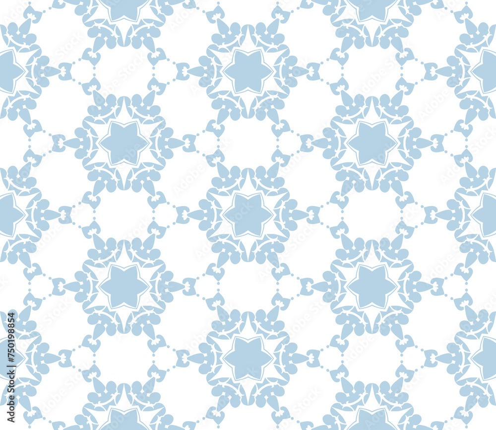 Light blue and white vintage seamless pattern. Floral ornamental monochrome damask background