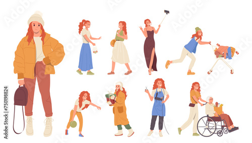 Trendy fashion redheaded woman cartoon character sporting, parting, volunteering, earning money