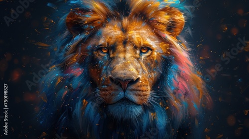  a close up of a lion s face with colorful paint splattered on it s face and a black background with orange  blue  red  yellow  red  and blue  and black spots.