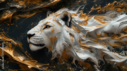  a painting of a lion's head with orange and white streaks on it's face and a black background with orange and white swirls on its body. © Nadia