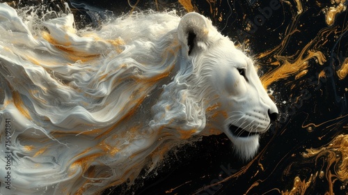  a painting of a white lion with yellow streaks on it's face and body, with a black background and a gold and white swirl around the lion's head.