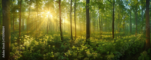 Majestic Sunrise Peeking Through the Vibrant Green Foliage of a Quiet Forest