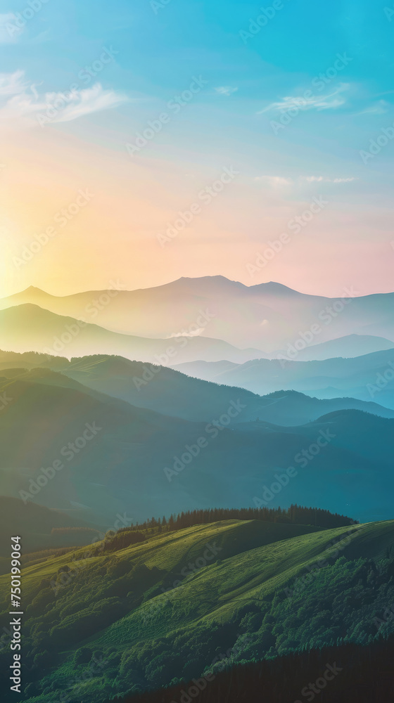 Misty sunrise over rolling mountain hills - A serene sunrise view with mist enveloping the lush green hills, creating a tranquil and majestic mountain landscape
