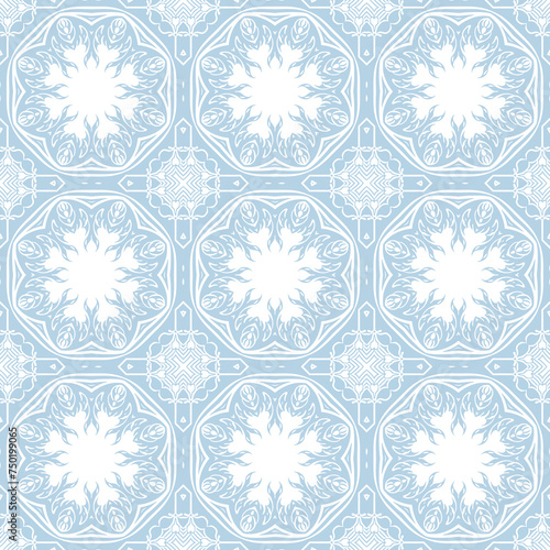 Blue and white patterned surface with geometric shapes
