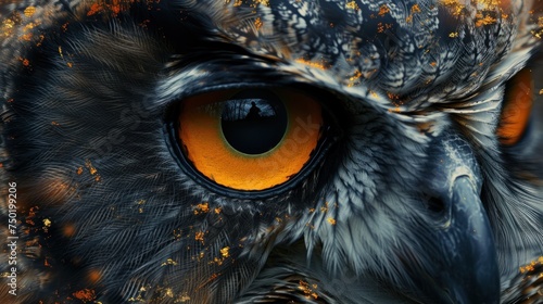  a close - up of an owl's eye with orange and yellow flecks on it's feathers and the upper part of it's head.