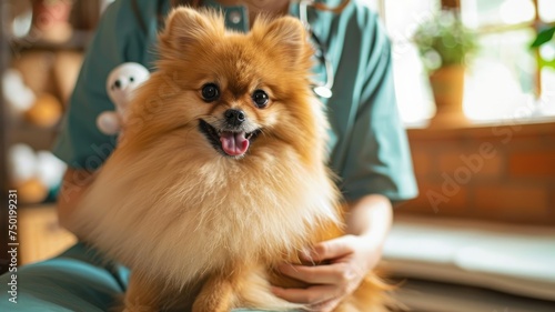 Pomeranian dog held by veterinary staff - Happy Pomeranian pup gets attention and care from veterinary staff in a clinic setting