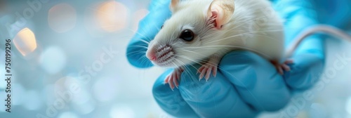 Scientist working with a lab rat - A clean, detailed image of a laboratory scientist in a blue coat gently holding a white laboratory rat photo