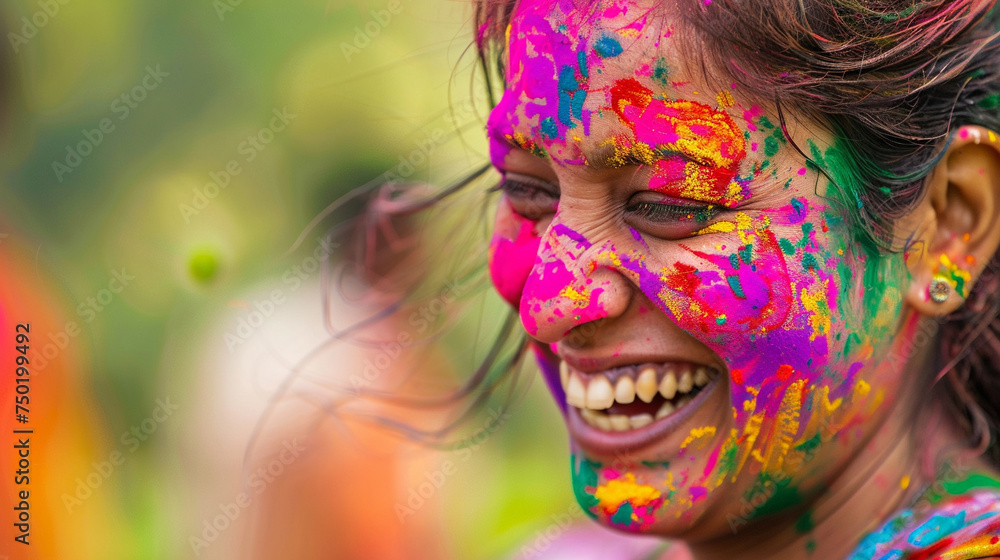 A Woman, her Face full of colour is celebrating the Indian Festival of Colours Holi