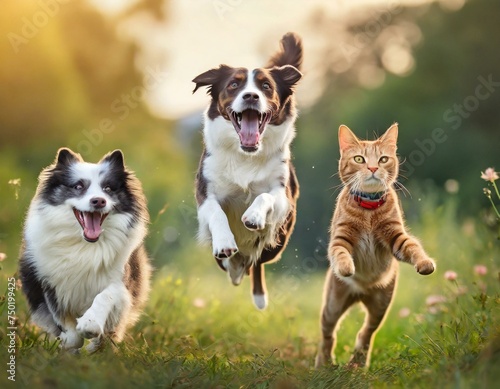 Cute funny dogs and cat group jumps and running and happily a field blurred background in the nature. friendship between dogs and cats