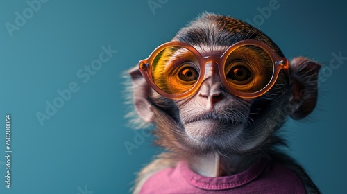  a close up of a monkey with glasses on it's face and a t - shirt on it's chest, wearing a pink t - shirt and a pink t - shirt with a blue background.