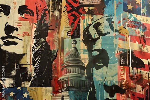 Collage with American symbolism and political figures. Pop art style digital collage. American culture and history concept. Design for poster, banner, social media. Flag of the United States