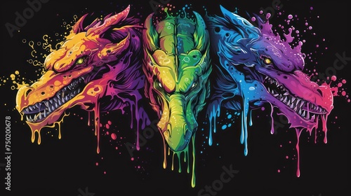  a group of three colorful dragon heads with paint splatters on the side of the image and on the back of the head is a black background with multi - colored paint splats.
