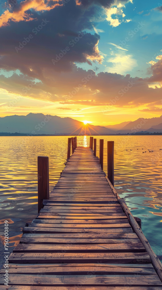 Wooden pier leading to sunrise over mountains - A tranquil sunrise with vibrant skies above mountains, seen from a weathered wooden pier extending into a calm lake