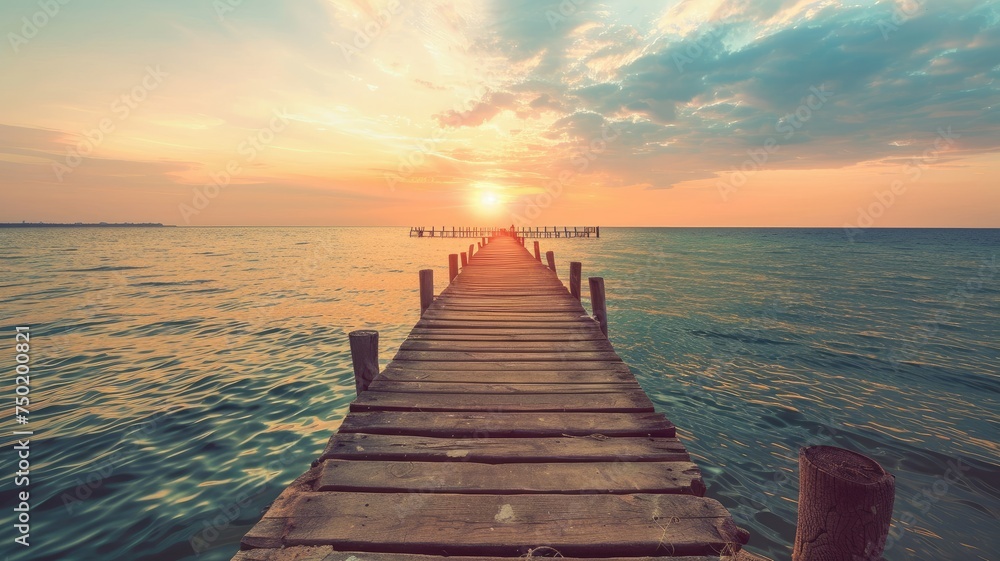 Obraz premium Wooden pier stretching into calm seas at sunrise - An expansive view of a wooden pier reaching towards a sunrise over calm seas, embodying new beginnings and hope