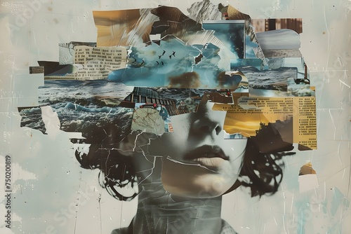 Woman with fragmented sea landscape. Digital art collage. Design for poster, banner, social media. Mixed media style. Mental health concept. Representation of anxiety, lostness, disorientation. photo