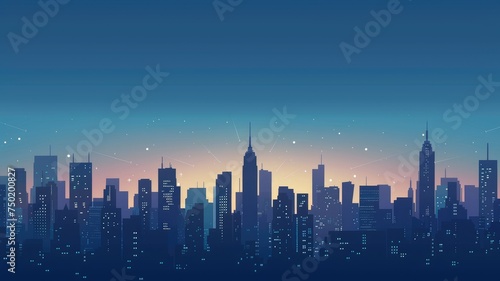 Starry night over city skyline silhouette - A tranquil urban skyline set against a starry night sky  illustrating the quiet side of city life