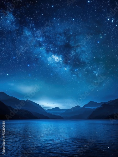 Starry night over tranquil mountain lake - Majestic image presenting a star-filled celestial display above a tranquil mountain range, mirrored in the glassy lake waters