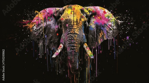  an elephant with colorful paint splattered all over it's face and tusks is standing in front of a black background with multi - colored drops of paint.