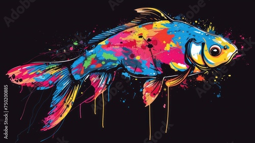  a painting of a goldfish with multicolored paint splatters on it s sides and a black background  with a black background and a black background.