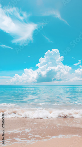 Sunny beach with clear blue sky and clouds - A serene beach scene with clear blue skies  fluffy white clouds  and gentle waves lapping the shore offering a sense of calm and freedom