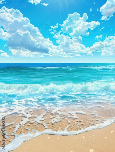 Sunny beach with clear turquoise waters - A pristine beach scene with sunlit waves, fluffy clouds, and clear blue sky, invoking a sense of peace and relaxation