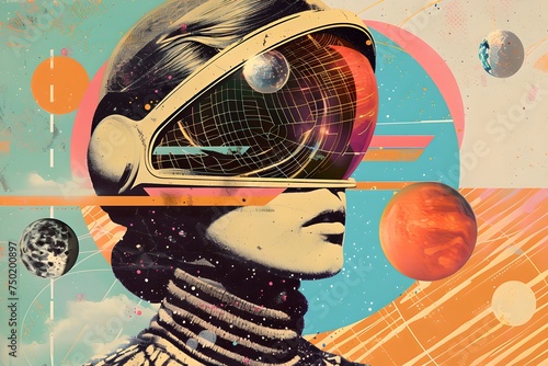 Female astronaut with retro space helmet. Digital art collage. Design for poster, banner, print. Science fiction and adventure concept. Space exploration