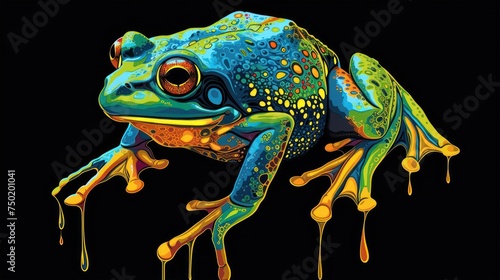 a painting of a colorful frog on a black background with drops of paint coming out of the frog's body and the frog's head is looking at the viewer.