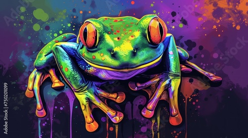  a painting of a frog sitting on top of a piece of paper with paint splatters all over it's body and face, with a colorful background of multi - colored drops of water.
