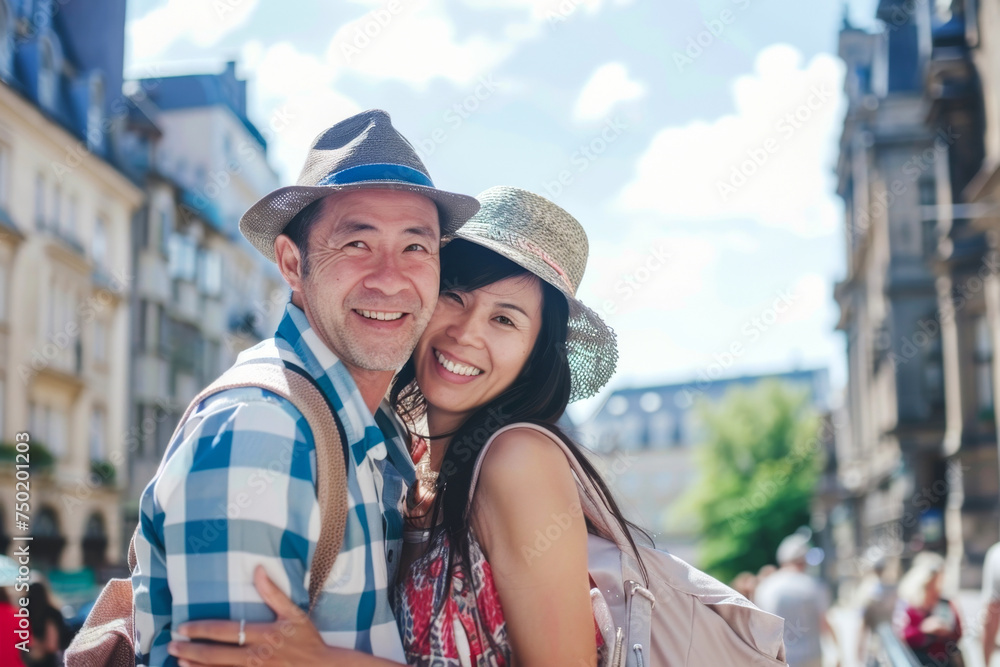 A happy couple takes a selfie with a panoramic cityscape behind them. Joyful couple enjoying a sunny vacation. Concept of travel, shared experiences, and the happiness of creating memories together. A happy couple takes a selfie with a panoramic cityscape behind them. Joyful couple enjoying a sunny vacation. Concept of travel, shared experiences, and the happiness of creating memories together.