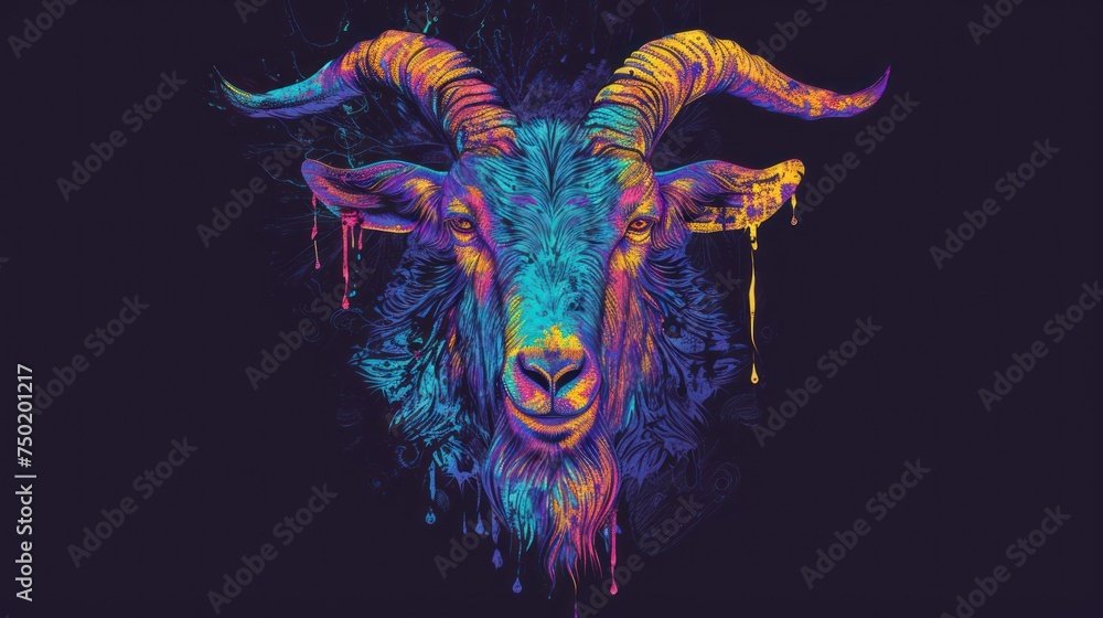  a painting of a ram with multicolored paint splattered on it's face and horns, against a dark background of blue, green, purple, pink, purple, and yellow, and pink, and orange.