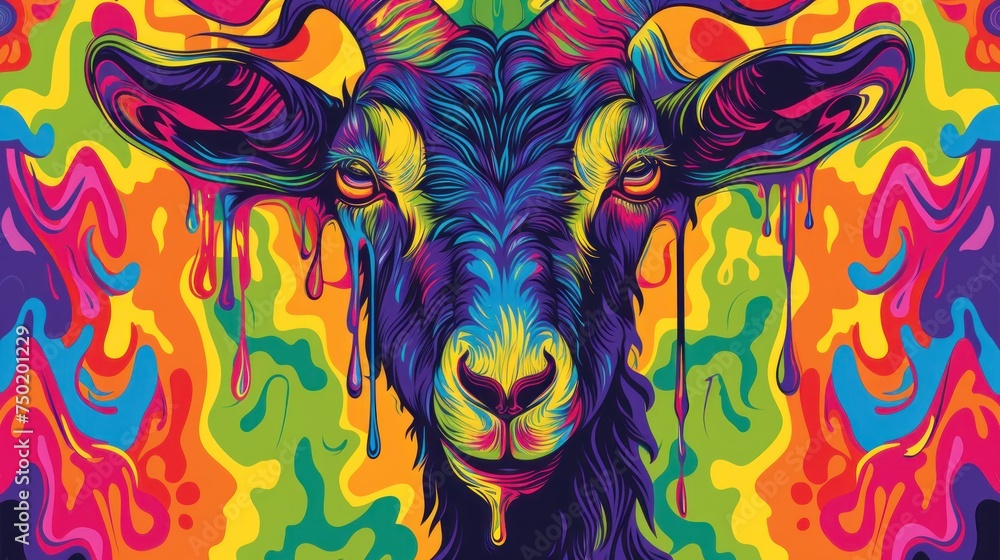  a colorful painting of a goat's face on a multicolored background with drops of paint all over the animal's body and it's head.