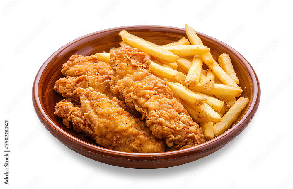 Plate of chicken nuggets and french fries isolated on white background, top view. Plate of chicken nuggets and french fries isolated on white background, top view.