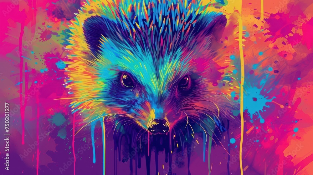  a painting of a raccoon with colorful paint splatters on it's face and a black nose in the foreground of the image is a multi - colored background.