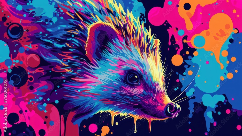  a painting of a small animal with colorful paint splatters on it's face and a black background with blue, red, yellow, pink, orange, pink, and purple, and pink colors.