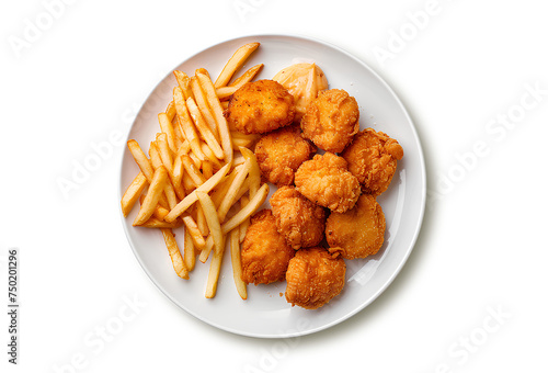 Plate of chicken nuggets and french fries isolated on white background, top view. © Tanuha